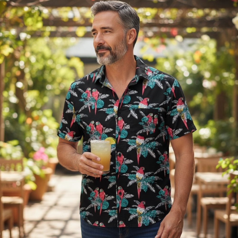 Banks Journal Men Hawaiian Shirt Black & Parrots Tropical Summer Size M Cotton